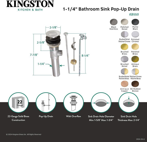 Kingston Brass KB1004 Columbia Pop-Up, 2-1/8", Polished Brass/Polished Chrome