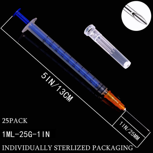 25 Pack 1ml/cc Plastic Syringe with 25Ga and Cap, Individually Sealed Wrapped, for Scientific Labs, Measuring Liquid, Refilling Cartridges or Glue Applicator