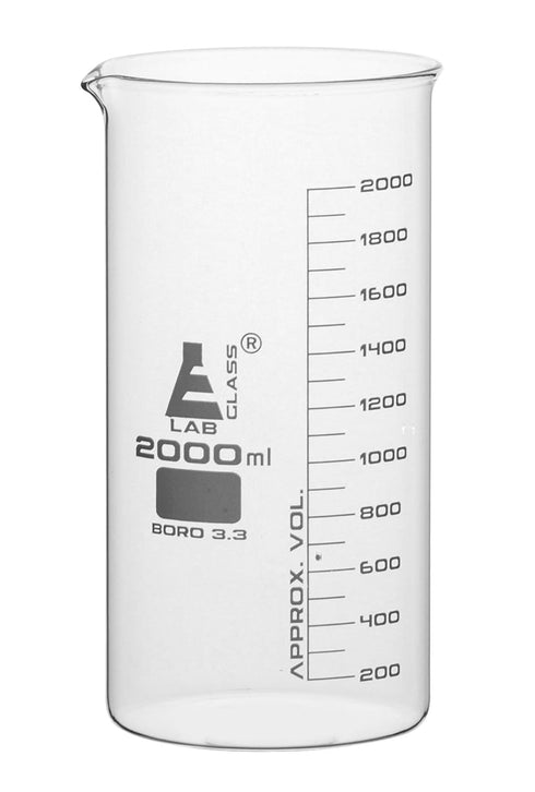 EISCO Beaker, 2000ml Tall Form with Spout, White, 100ml Graduations - Borosilicate 3.3 Glass