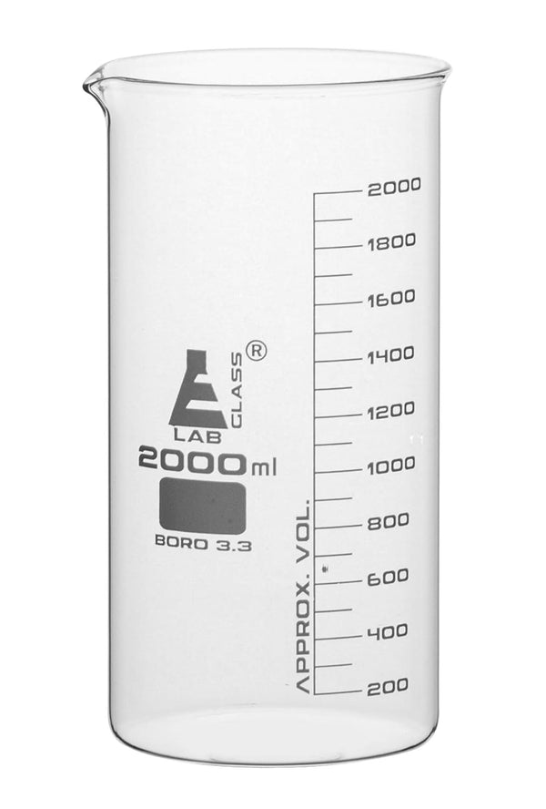EISCO Beaker, 2000ml Tall Form with Spout, White, 100ml Graduations - Borosilicate 3.3 Glass