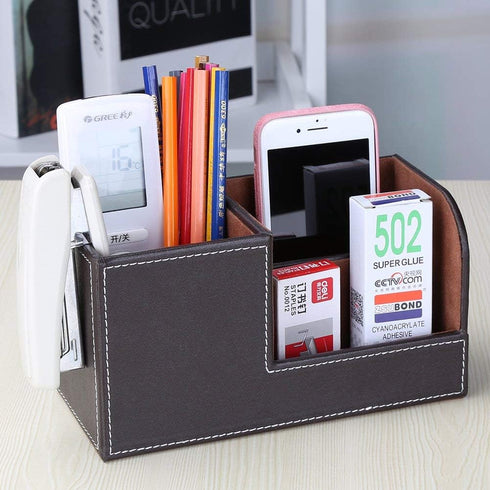 KINGFOM Desk Organizer - Multi-function Office Supplies Caddy in Brown Pu Leather