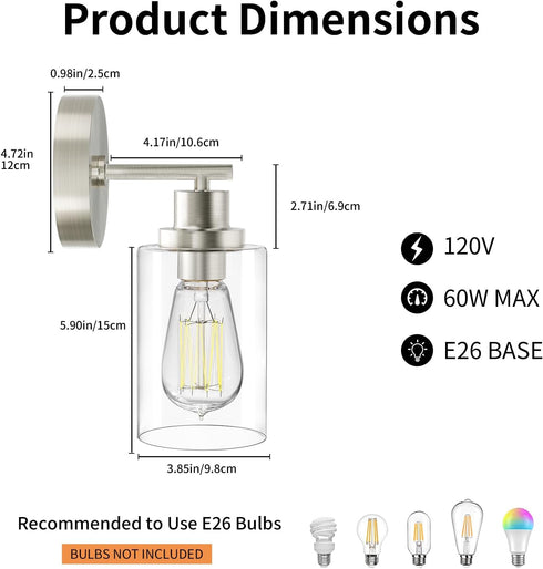 E26 BUTHY Brushed Nickel Wall Light: LED Wall Sconces Indoor, Modern Sconces Wall Lighting with Base and Clear Glass