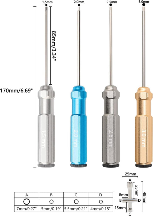 4Pcs RC Hex Screw Driver Kit, 1.5/2.0/2.5/3.0mm Hex Screw Nut Screwdrivers with Small Cross Wrenches Sleeve, Hex Driver Repair Tool Set for RC Car Helicopter Models