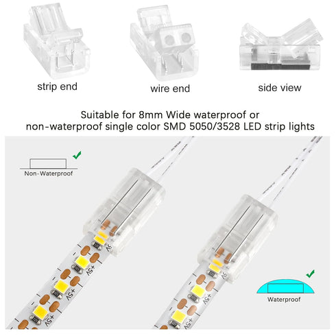 RGBZONE 10pcs 2-Pin 8mm LED Strip to Wire Connectors and 10m/32.8ft 2 Pin Extension Wire for Single Color LED Strip