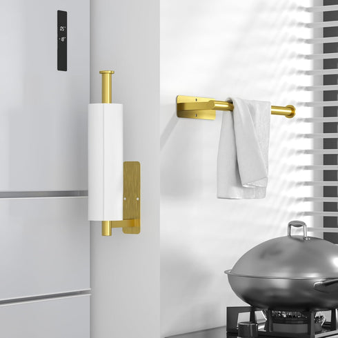 ASTOFLI Brushed Gold Paper Towel Holder, Wall Mount 2 Pack, Self Adhesive Under Cabinet No Drilling Kitchen Decor