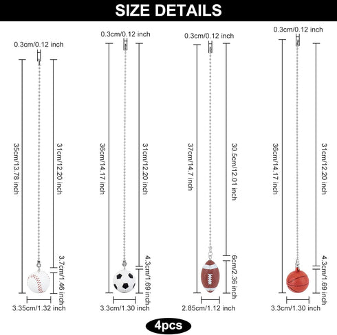 4 Pack 14inch Set BENECREAT Sports Ceiling Fan Pull Chain Basketball Soccer Baseball Rugby Ornaments Pendant Light Pull