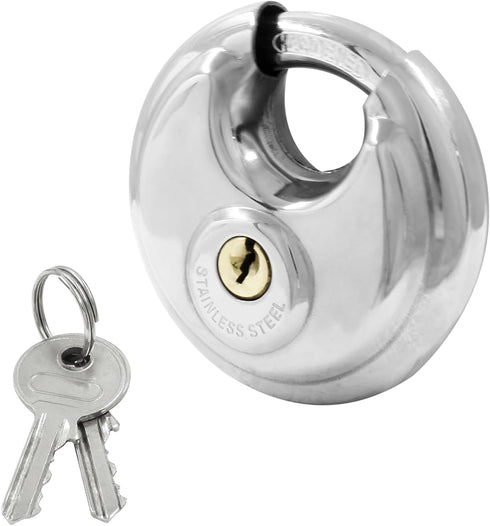 Round Disc Padlock, Heavy Duty Stainless Steel Lock with Key for Storage Units, Garages, and Sheds
