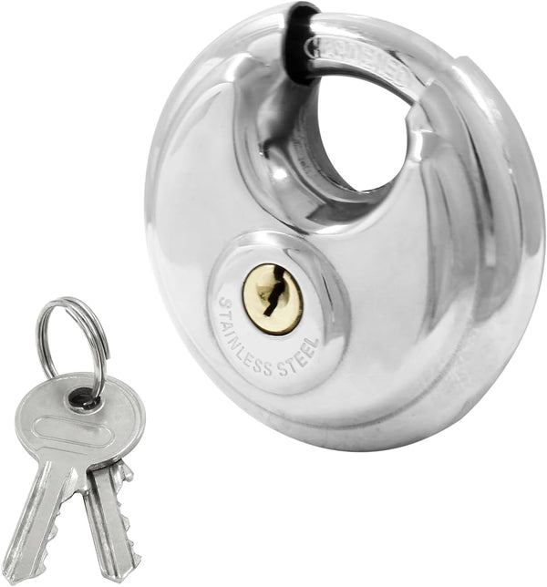 Round Disc Padlock, Heavy Duty Stainless Steel Lock with Key for Storage Units, Garages, and Sheds