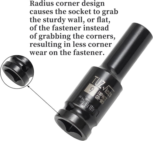 1/2-Inch Drive 9mm Deep Impact Socket, 6-Point Design, Heat-Treated Chrome Molybdenum Alloy Steel