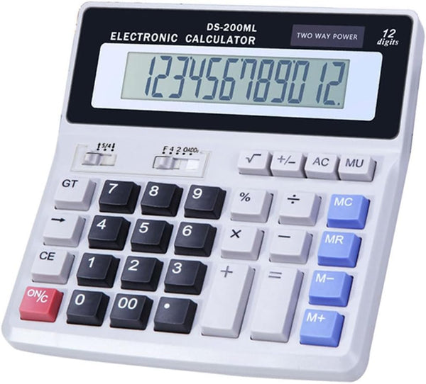Large Desk Calculator with 12 Digit Display, Dual Power Basic Desktop Calculator for Office, Home, School (Grey).