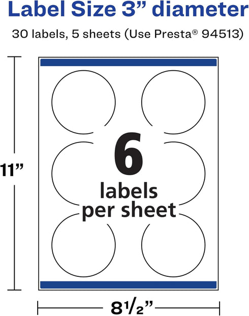 Avery Durable Waterproof Round Labels - Sure Feed Technology, Print-to-The-Edge, 3" Diameter, 30 Total, Oil and