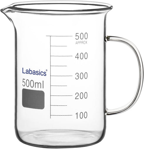Glass Beaker, G3.3 Borosilicate Laboratory Grade Glass Graduated Beaker Transparent Measuring Beaker Cup Low Form Griffin Beaker with Handle and Spout, 500 ml