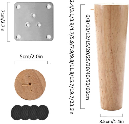 KGUDYS Plate,straight-6cm/2.4in Solid Wood Round Furniture Legs, Replacement Sofa feet, Wooden Cabinet Legs, Table
