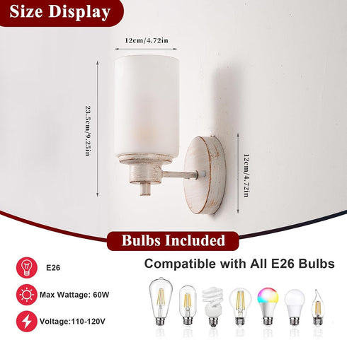 2 Pack Indoor Wall Sconces, Bath Vanity Light Fixtures Wall Mounted Lighting with White Frosted Glass Shade, White