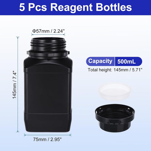 PATIKIL 5 Pcs 500ml Reagent Bottles, HDPE Wide Mouth Square Bottles with Screw Cap for Lab Water Reagent Liquids Solid Sample Storage Seal, Black