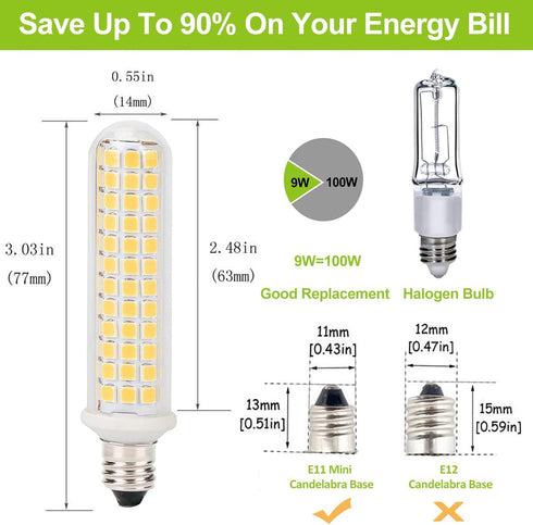 E11 LED Dimmable Light Bulb, 9W, 100W Equivalent Halogen Replacement, Warm White 3000K, E11 Mini Base