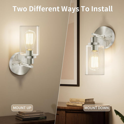 E26 BUTHY Brushed Nickel Wall Light: LED Wall Sconces Indoor, Modern Sconces Wall Lighting with Base and Clear Glass