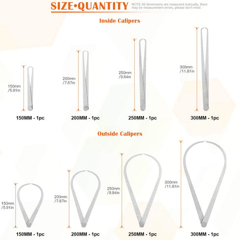 8 Pcs Stainless Steel Long Firm Joint Metal Measurement Kit with Bent-Leg and Straight-Leg Inside Outside Caliper Tools Set for Measuring Pottery Clay Ceramic Sculpture(12" 10" 8" 4")
