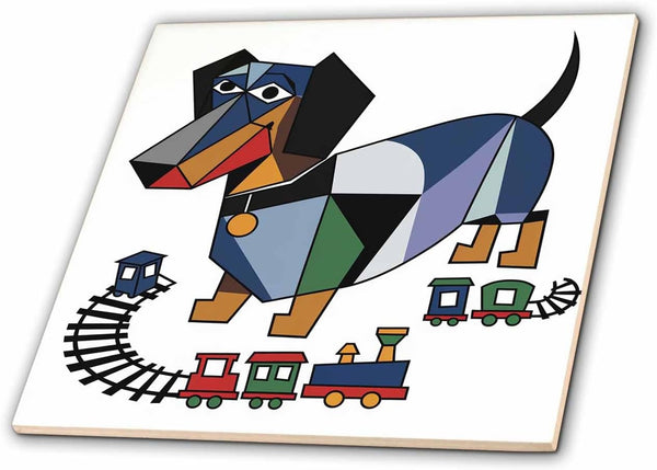 3dRose Funny Cute Colorful Dachshund Puppy Dog Playing with Model Train Set