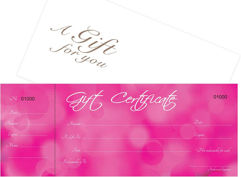 Blank Gift Certificates Set of 25, Pink Background with Free Matching Envelopes, Coupons for Small Business