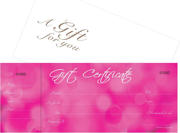 Blank Gift Certificates Set of 25, Pink Background with Free Matching Envelopes, Coupons for Small Business