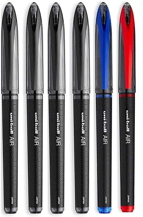 Uni-Ball AIR Micro - 0.5mm Fine Rollerball Pens, Pack of 6 - 4 Black, 1 Blue, 1 Red (Assorted Colors)