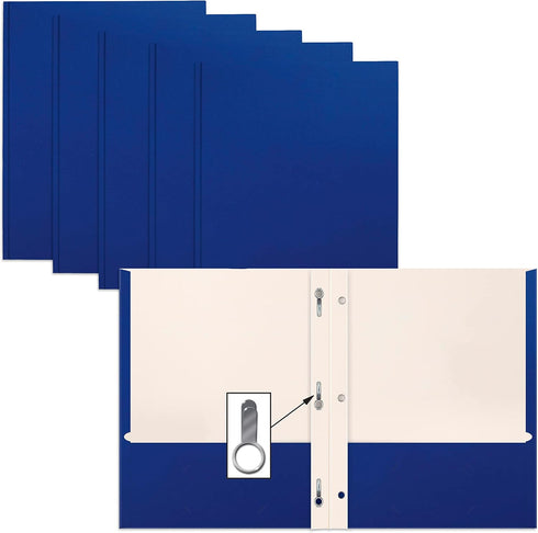 Better Office Products 50 Pack Blue Paper 2 Pocket Folders with Prongs, Letter Size, Matte Texture, 3 Metal Prong Clips