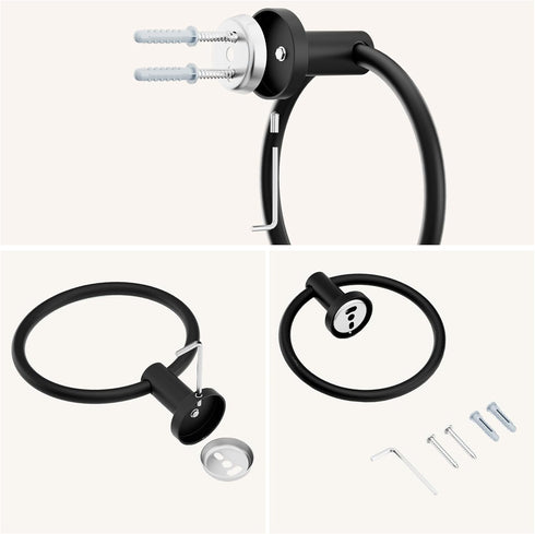 FORIOUS Matte Black Towel Ring, SUS304 Stainless Steel Hand Towel Holder for Bathroom Wall Mounted