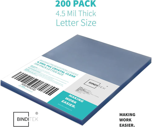 Binditek 200 Pack 4.5mil PVC Binding Presentation Covers, Clear Binding Front Covers for Letter Size Reports (8-1/2 x