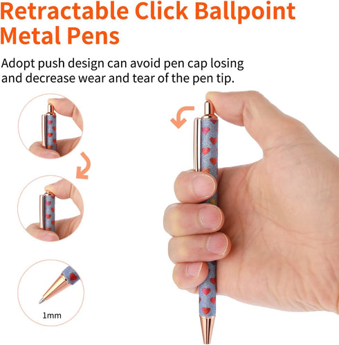 Bling Metal Pens, 6 Pack 1.0 mm Click Retractable Ballpoint Pens, Black Ink Medium Point Gift Pens for Journaling