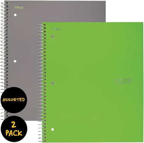 Five Star Spiral Notebooks, 1 Subject, Wide Ruled Paper, 100 Sheets, 10-1/2" x 8", Gray, Lime, 2 Pack (38426) by Five Star