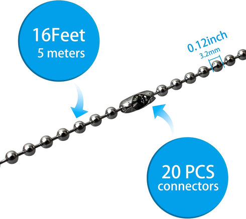 YeeBeny 192 Inch Fan Pull Chain Extension, 25 PCS Connectors, Stainless Steel Bead Chain (Dark Gray)