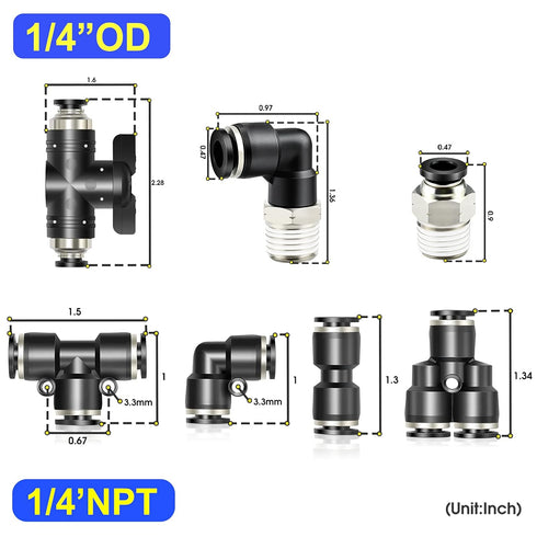 TAILONZ PNEUMATIC 1/4 Inch OD Pneumatic Joint Combination Set,2 PC-1/4-N2+2 PL-1/4-N2+2 PU-1/4+2 PE-1/4+2 PV-1/4+2 PY-1/4 +1 1/4”Union Ball Valve(Pack of 13)