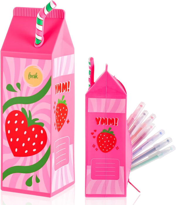 AmazingSpark Milk Carton Pencil Case Silicone Strawberry Graduation Pencil Pouch Waterproof Pen Bag