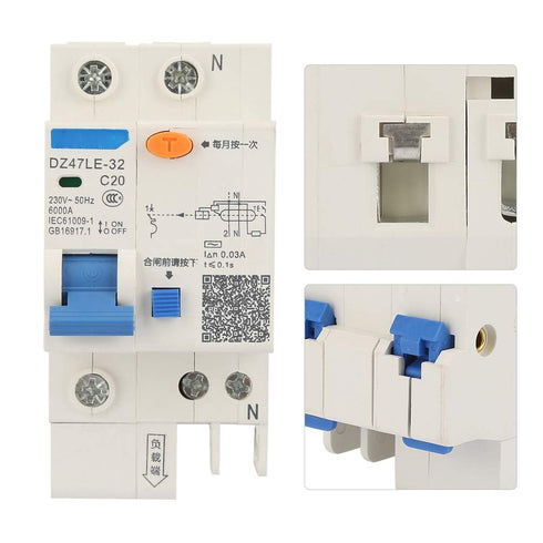 YWBL-WH DZ47LE-32 Circuit Breaker 1P+N 16A 20A 230V Earth Leakage Safety Overload Protection (20A)