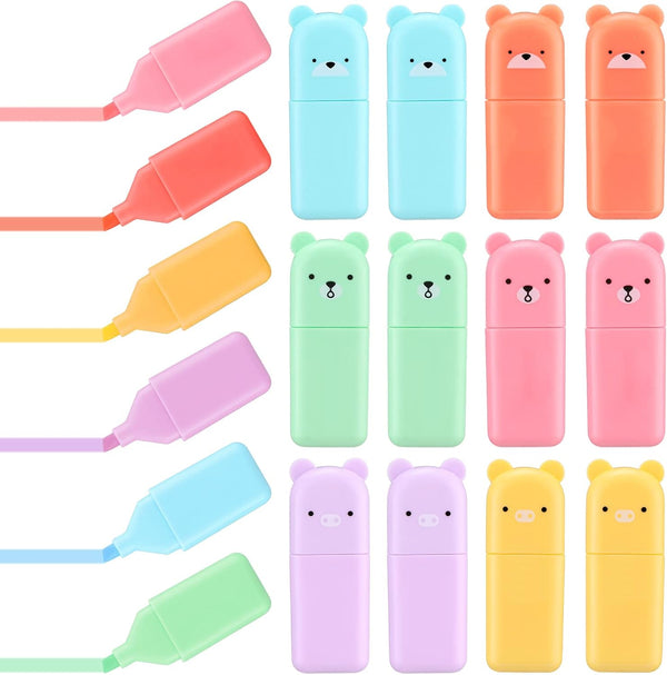 Ireer 18 Pcs Cute Highlighter Pens, 6 Macaron Colors, Chisel Tip Kawaii Markers for Writing, Graffiti, Office (Bear)