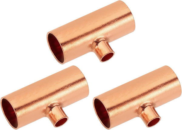 PATIKIL 5/8" x 1/4" x 5/8" ID Reducing Tee Copper Fitting, 3pcs 99.9% Pure Copper Pipe Connector Reducer