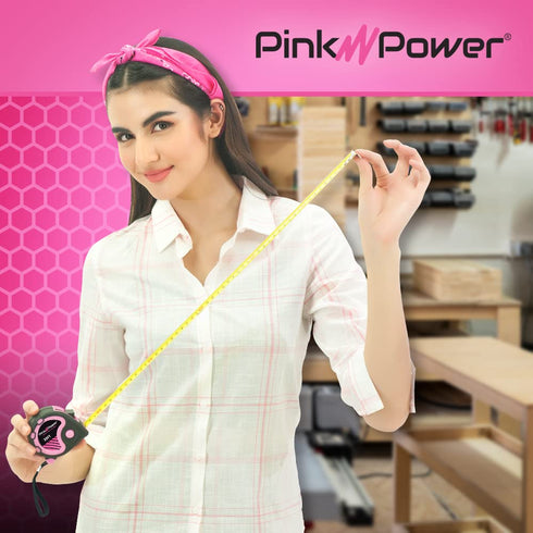 Pink Power 25ft Tape Measure - Lightweight Measuring Tape for Women's Tool Kit with Retractable Blade and Lock