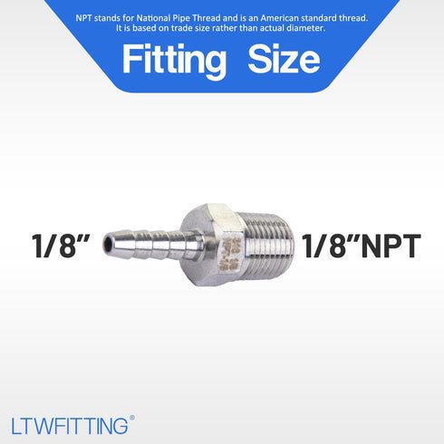 LTWFITTING Bar Production Stainless Steel 316 Barb Fitting, 1/8" Hose ID x 1/8" Male NPT, Pack of 5