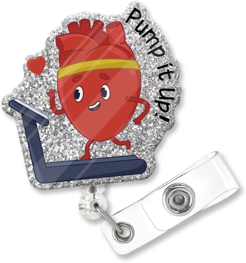Pump It Up Funny Glitter Badge Holder, Scroll Retractable, Cute Heart Badge for Doctor, Nurse Gift