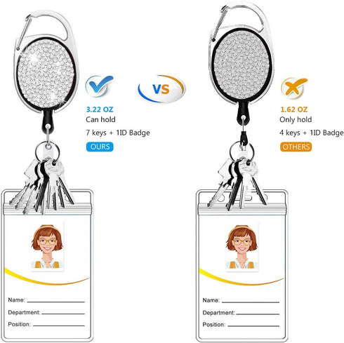 HASFINE Elegant ID Badge Holders 2 Pack Bling Rhinestone Retractable Badge Reels with Belt Clip & Key Ring (Black &