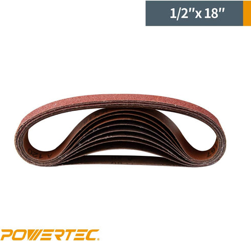 POWERTEC 1/2 x 18 Inch Sanding Belts, 20PK, 150 Grit Aluminum Oxide Belt Sander for Woodworking, Metal Polishing