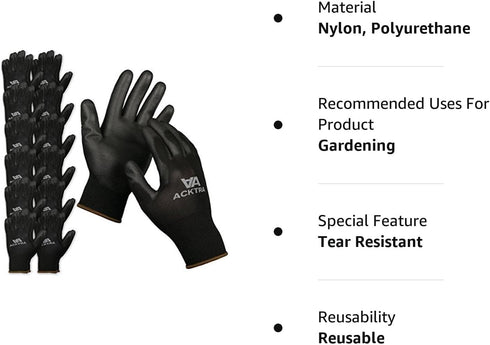 Ultra-Thin PU Safety WORK GLOVES 12 Pairs, WG002 Black/Black, Large