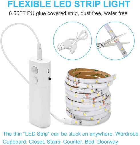 2 Pack 2M Closet Rechargeable LED Strip Lights with Motion Sensor - LUXJET Cool White LED Light Motion Activated, Under