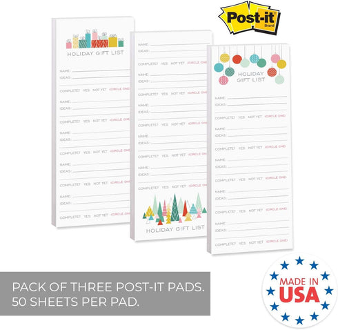 Modern Holiday Gift Checklist Assortment/Set of 3 Colorful Christmas List Note Pads / 3" x 8" Gift Trackers / 50 Sheets Per Pad/Made in USA