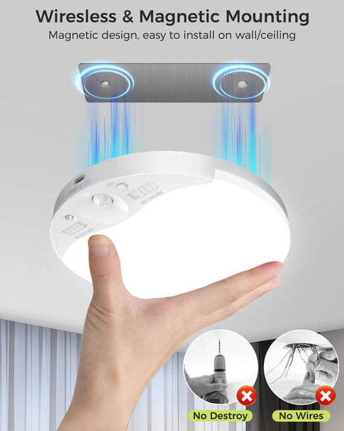 3000K/4000K/6500K, Dimmable, Closet 1Pack Rechargeable Motion Sensor Ceiling Light with Remote, Magnetic Wireless