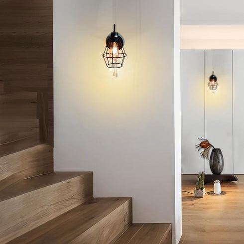 E26 (1-Light, Bulb) Pull Chain Wall Sconce Wire Cage Wall Light Fixtures with On Off Switch Hardwired Black Metal