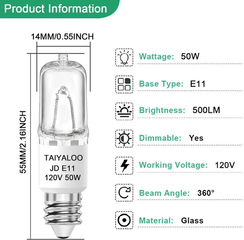 JDE11 120V 50W Bulb E11 Bulb), T4 4 Pack E11 Bulb 2700K Dimmable TAIYALOO Halogen (Replacement LED Mini Candelabra