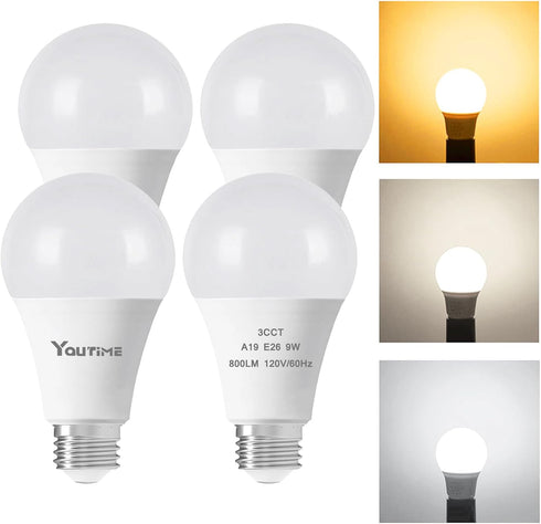 LED Light Bulb A19 3 Color Temperature 3000K-5000K-4000K, 9W (60W Equivalent) Energy Saving, 810LM, 4 Pack