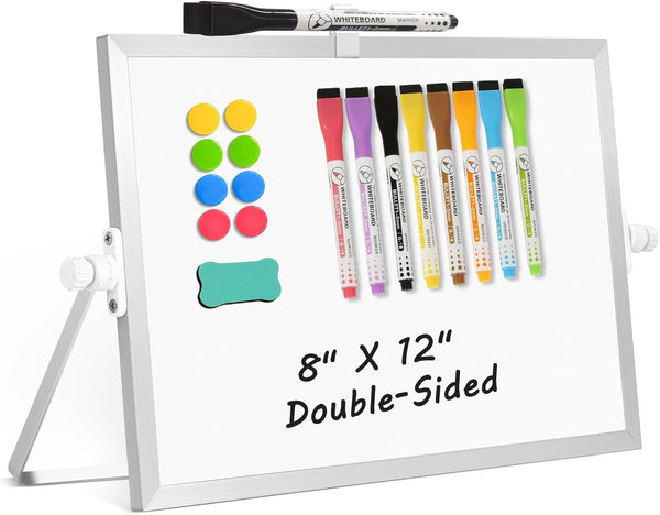 Dry Erase Magnetic White Board - 8" x 12" Double-Sided Desktop Whiteboard with Stand, Portable Small Whiteboard Set